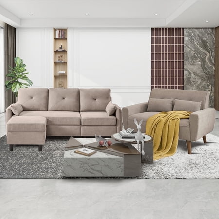 Pingliang Home Furniture Set with 4 Throw Pillows,Convertible Sectional Sofa with Storage Ottoman and Loveseat, 3 Seat L Shaped Couch with Side Storage Pockets for Living Room Office Apartment Studio