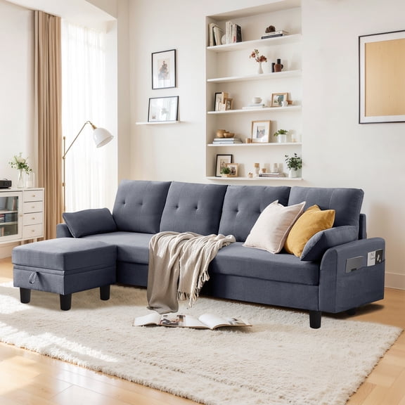 Pingliang Home Convertible Sectional Sofa with Storage Ottoman and Side Storage Pockets,Modern 4 Seat L Shaped Couch with 19.3" Seat Depth for Living Room Office Apartment Studio,Light Gray