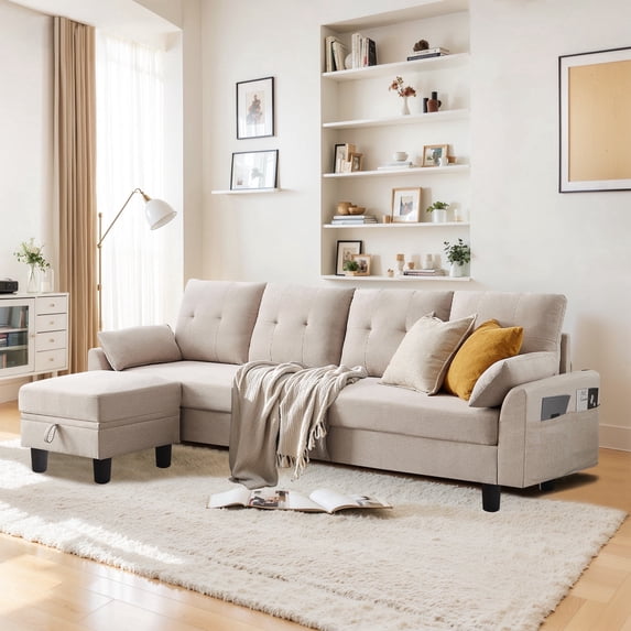 Pingliang Home Convertible Sectional Sofa with Storage Ottoman and Side Storage Pockets,Modern 4 Seat L Shaped Couch with 19.3" Seat Depth for Living Room Office Apartment Studio,Beige