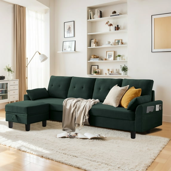Pingliang Home Convertible Sectional Sofa with Storage Ottoman and Side Storage Pockets,Modern 4 Seat L Shaped Couch with 19.3" Seat Depth for Living Room Office Apartment Studio,Green