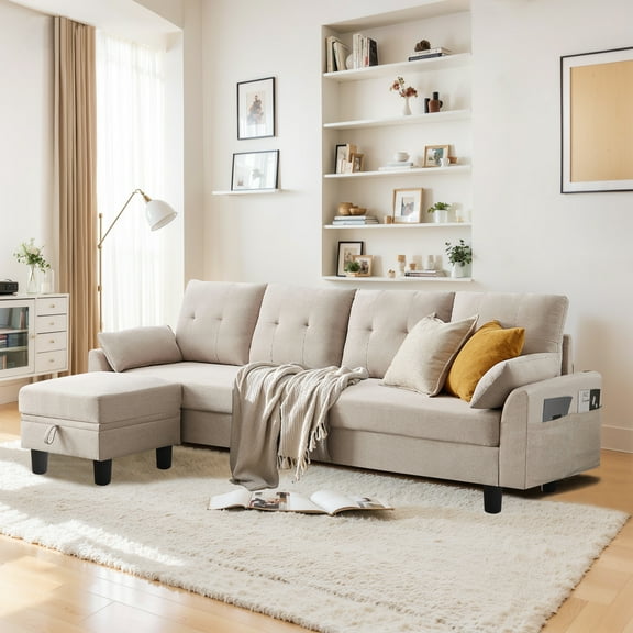 Pingliang Home Convertible Sectional Sofa with Storage Ottoman and Side Storage Pockets,Modern 4 Seat L Shaped Couch with 19.3" Seat Depth for Living Room Office Apartment Studio,Beige