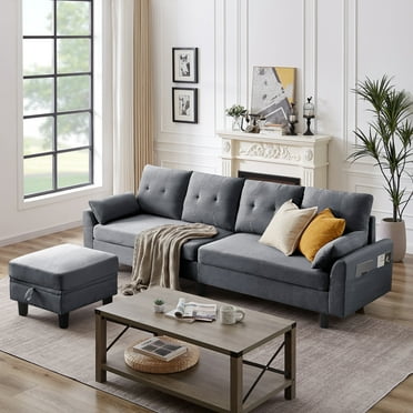 Pingliang Home Convertible Sectional Sofa with Reversible Storage Ottoman and Side Storage Pocket,4 Seat L Shaped Couch with 19.3" Seat Depth and Footstool for Living Room Office Apartment,Light Gray