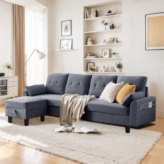 Pingliang Home Convertible Sectional Sofa with Storage Ottoman and Side Storage Pockets,Modern 4 Seat L Shaped Couch with 19.3" Seat Depth for Living Room Office Apartment Studio,Light Gray