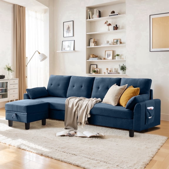 Pingliang Home Convertible Sectional Sofa with Storage Ottoman and Side Storage Pockets,Modern 4 Seat L Shaped Couch with 19.3" Seat Depth for Living Room Office Apartment Studio,Blue