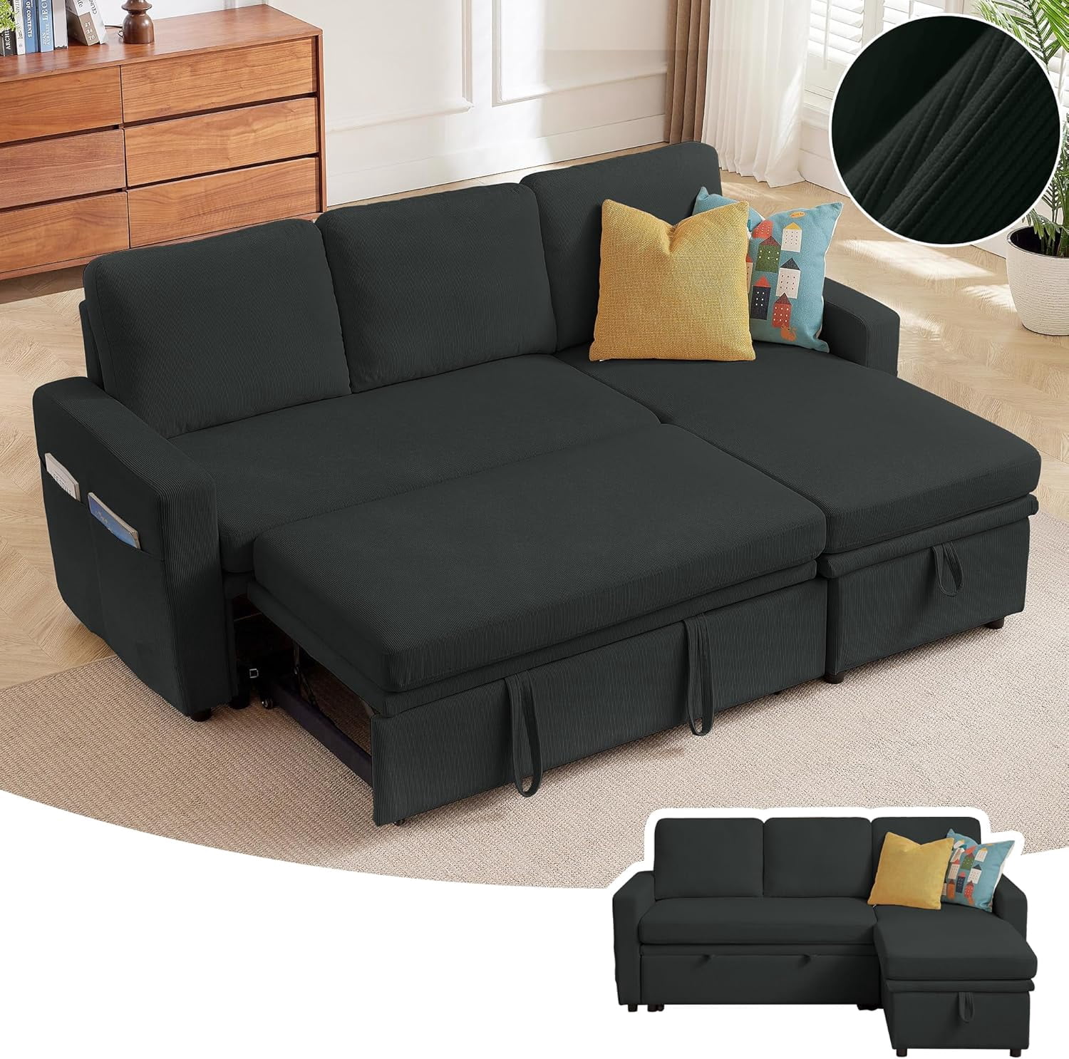 Pingliang Home Pull Out Sleeper Sectional Sofa Bed with Storage Chaise ...