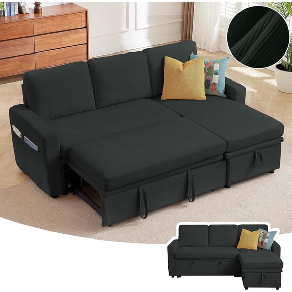 Pingliang Home Pull Out Sleeper Sectional Sofa Bed with Storage Chaise, Convertible L Shaped Couch with Side Pockets,Modern Linen Reversible Sofa Couch for Living Room Apartment Office Studio