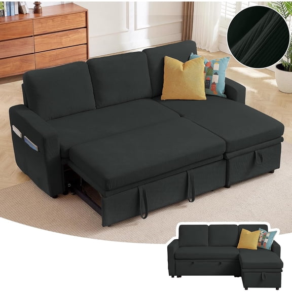 Pingliang Home Pull Out Sleeper Sectional Sofa Bed with Storage Chaise, Convertible L Shaped Couch with Side Pockets,Modern Linen Reversible Sofa Couch for Living Room Apartment Office Studio