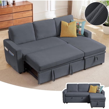 Pingliang Home Pull Out Sleeper Sectional Sofa Bed with Storage Chaise, Convertible L Shaped Couch with Side Pockets,Modern Linen Reversible Sofa Couch for Living Room Apartment Office Studio