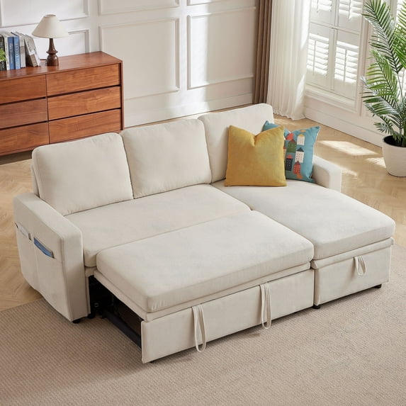 Pingliang Home Pull Out Sleeper Sofa Bed Sectional Sofa with Storage Chaise,L Shaped Sectionals Couches with Side Pockets,Modern Linen Reversible Sofa Couch for Living Room Apartment Office Studio