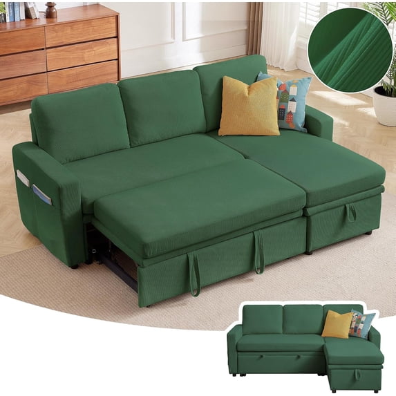 Pingliang Home Pull Out Sleeper Sectional Sofa Bed with Storage Chaise, Convertible L Shaped Couch with Side Pockets,Modern Linen Reversible Sofa Couch for Living Room Apartment Office Studio