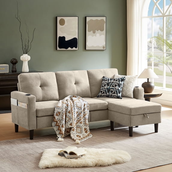 Pingliang Home Sectional Sofa Couch for Living Room, Modular 3 Seat Sectional L Shaped Couch with Storage Ottoman and 2 Cup Holder, Modern Linen Fabric Sofa for Small Space Apartment Office Home