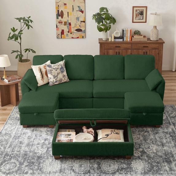 Pingliang Home Corduroy Sectional Sofa with 3 Ottomans, Modern Modular Sofa Couch with Storage Coffee Table Ottoman,4 Seat U-Shaped Couch Sofa for Living Room, Apartment, APT,Office,Studio,Green