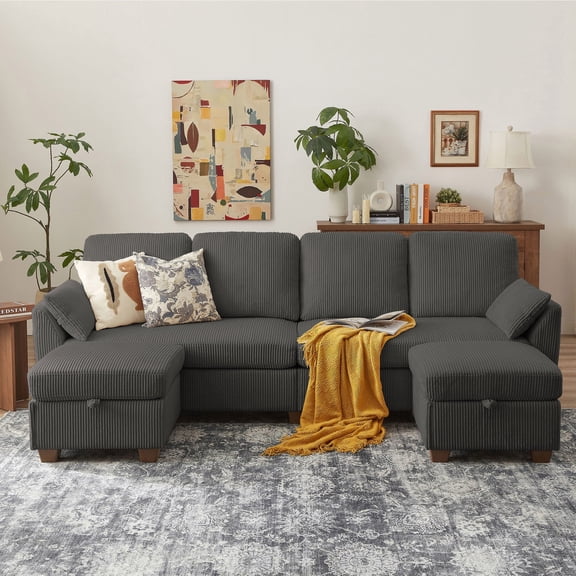 Pingliang Home Corduroy Sectional Sofa with Double Ottomans, Modern Modular Sofa Couch with Storage,4 Seat U-Shaped Couch Sofa for Living Room, Apartment, APT,Office,Studio,Dark Gray