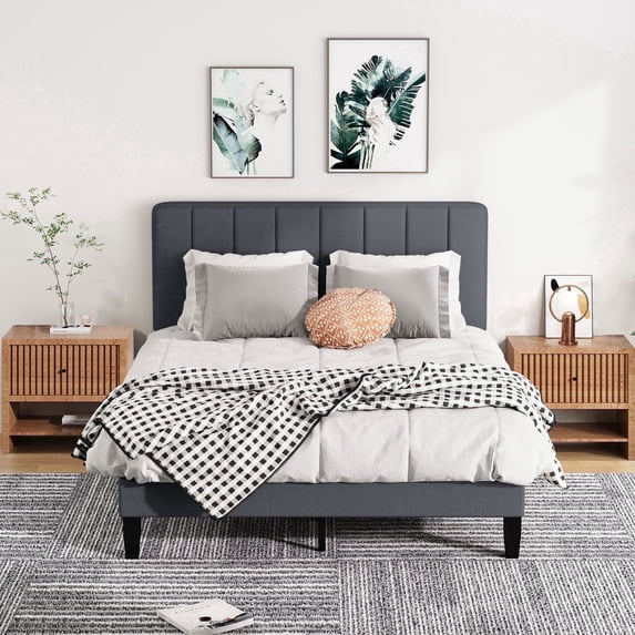 Pingliang Home Full Size Bed Frame with Adjustable Upholstered Headboard&Wood Slats Support,Gray
