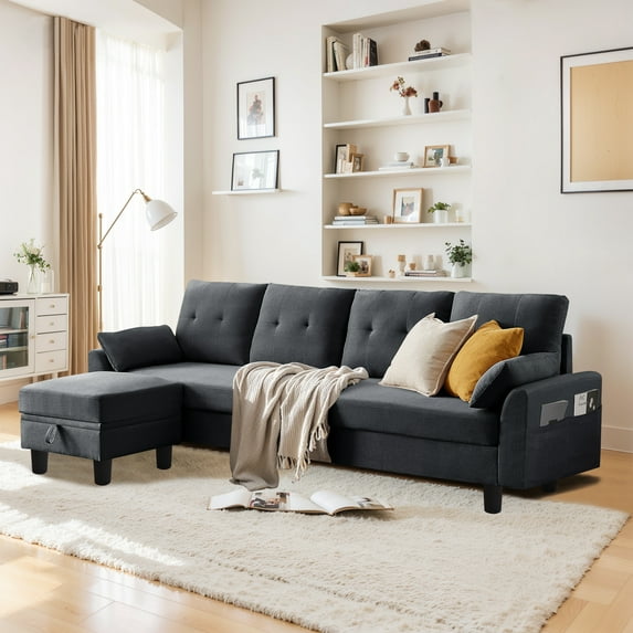 Pingliang Home Convertible Sectional Sofa with Storage Ottoman and Side Storage Pockets,Modern 4 Seat L Shaped Couch with 19.3" Seat Depth for Living Room Office Apartment Studio,Dark Gray