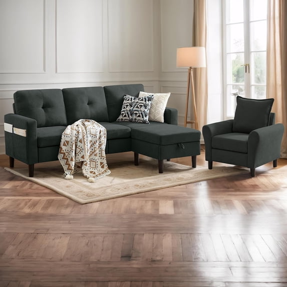 Pingliang Home Furniture Set Convertible Sectional Sofa and Storage Ottoman and Accent Chair,3 Seat L-shaped Sofa Couch with Reversible Footstool and Armchair for Living Room Apartment Office Studio