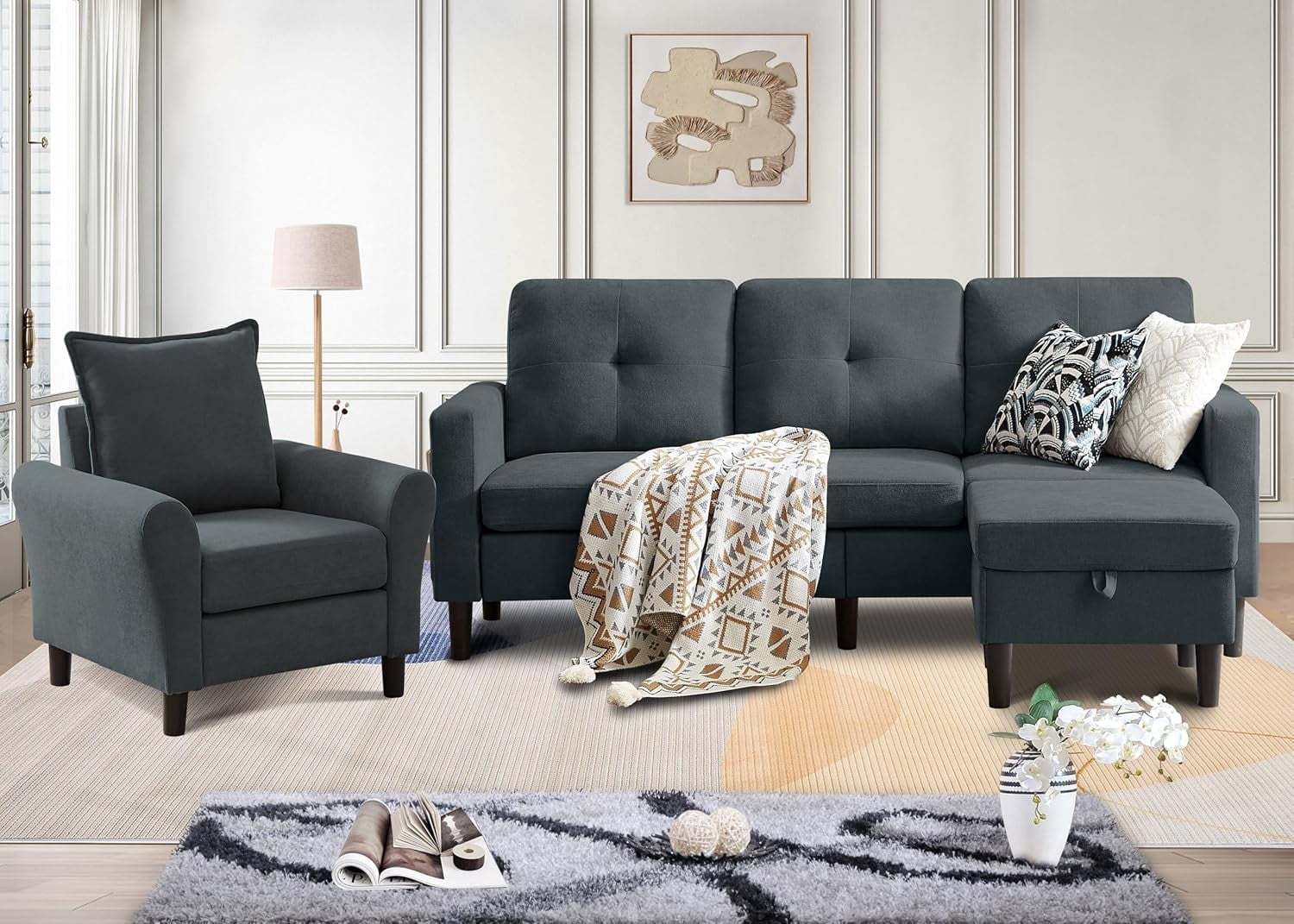 Pingliang Home Furniture Set Convertible Sectional Sofa and Storage Ottoman and Accent Chair,3 Seat L-shaped Sofa Couch with Reversible Footstool and Armchair for Living Room Apartment Office Studio