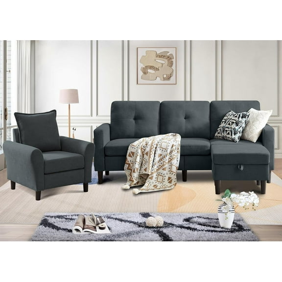 Pingliang Home Furniture Set Convertible Sectional Sofa and Storage Ottoman and Accent Chair,3 Seat L-shaped Sofa Couch with Reversible Footstool and Armchair for Living Room Apartment Office Studio