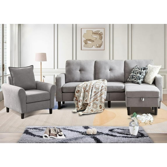 Pingliang Home Furniture Set Convertible Sectional Sofa and Storage Ottoman and Accent Chair,3 Seat L-shaped Sofa Couch with Reversible Footstool and Armchair for Living Room Apartment Office Studio