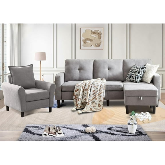 Pingliang Home Furniture Set Convertible Sectional Sofa and Storage Ottoman and Accent Chair,3 Seat L-shaped Sofa Couch with Reversible Footstool and Armchair for Living Room Apartment Office Studio