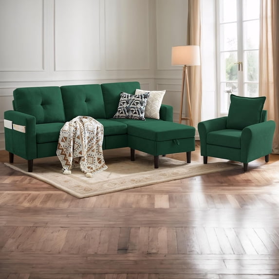 Pingliang Home Furniture Set Convertible Sectional Sofa and Storage Ottoman and Accent Chair,3 Seat L-shaped Sofa Couch with Reversible Footstool and Armchair for Living Room Apartment Office Studio