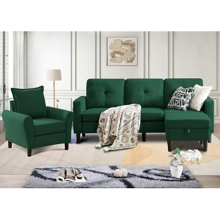 Pingliang Home Furniture Set Convertible Sectional Sofa and Storage Ottoman and Accent Chair,3 Seat L-shaped Sofa Couch with Reversible Footstool and Armchair for Living Room Apartment Office Studio