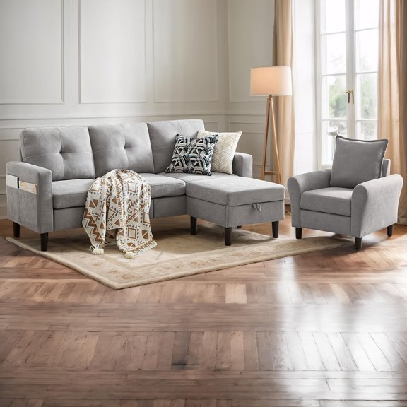 Pingliang Home Furniture Set Convertible Sectional Sofa and Storage Ottoman and Accent Chair,3 Seat L-shaped Sofa Couch with Reversible Footstool and Armchair for Living Room Apartment Office Studio