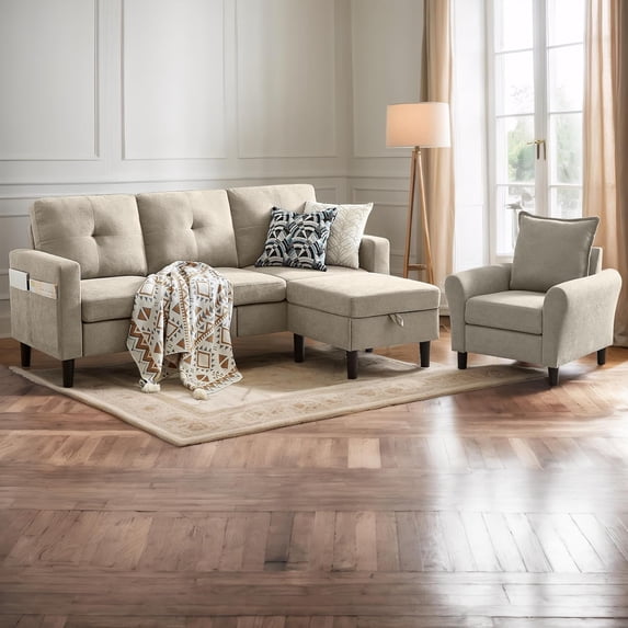 Pingliang Home Furniture Set Convertible Sectional Sofa and Storage Ottoman and Accent Chair,3 Seat L-shaped Sofa Couch with Reversible Footstool and Armchair for Living Room Apartment Office Studio