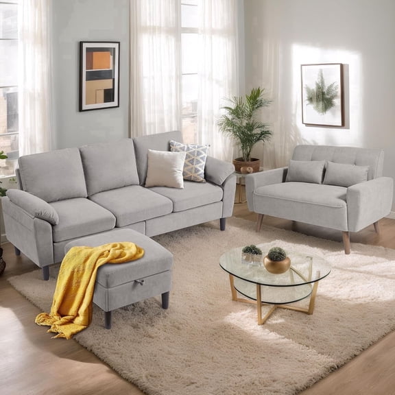 Pingliang Home Sectional Sofa Furniture Set, L Shaped Couch with Storage Ottoman & Loveseat with 2 Throw Pillows, Modern Linen 3 Seat Sofa and 2 Seat Couch for Living Room Apartment Office Studio