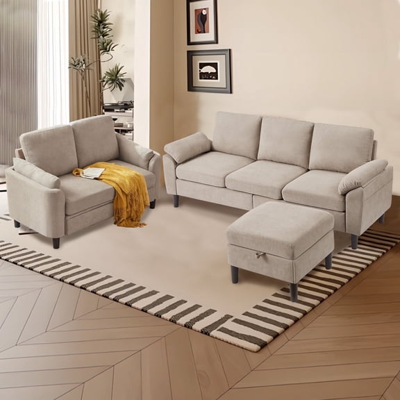 Pingliang Home Sectional Sofa Couch with Storage Ottoman and Loveseat,Modern 5 Seater Sofa Couch Set,L Shaped Couch with Footstool for Living Room Apartment Studio Office,Beige