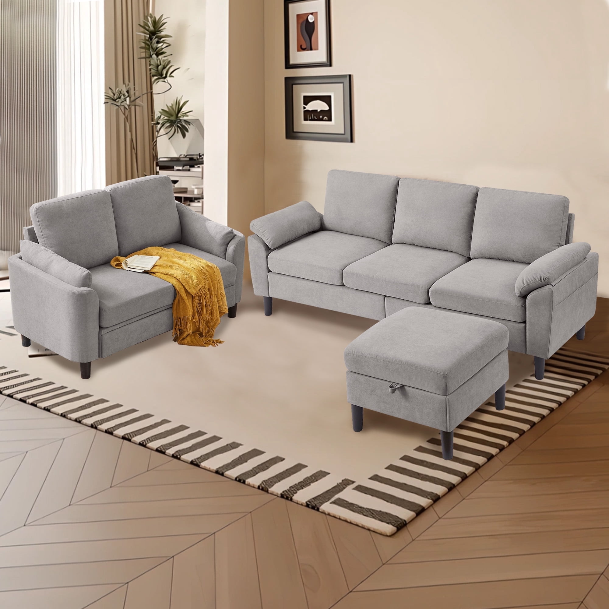 Pingliang Home Sectional Sofa Couch with Storage Ottoman and Loveseat,Modern 5 Seater Sofa Couch Set,L Shaped Couch with Footstool for Living Room Apartment Studio Office,Light Gray