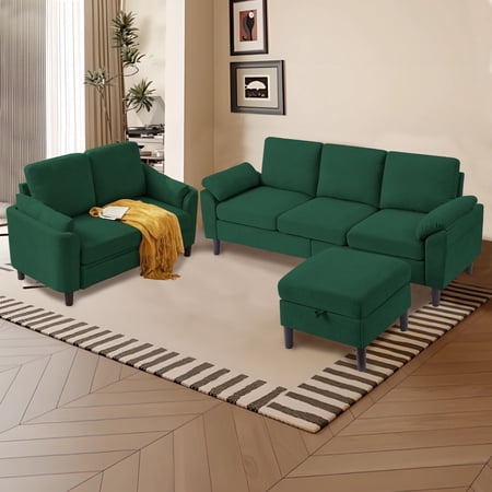 Pingliang Home Sectional Sofa Couch with Storage Ottoman and Loveseat,Modern 5 Seater Sofa Couch Set,L Shaped Couch with Footstool for Living Room Apartment Studio Office,Green