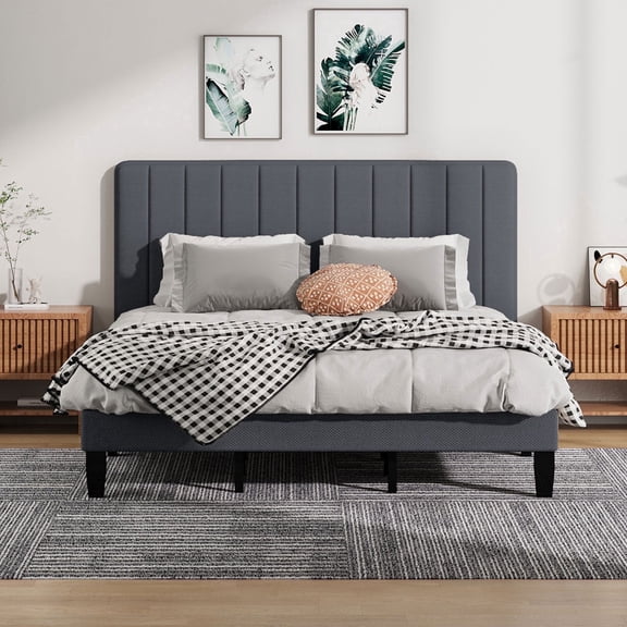 Pingliang Home King Size Bed Frame with Adjustable Upholstered Headboard&Wood Slats Support,Gray