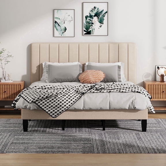 Pingliang Home King Size Bed Frame with Adjustable Upholstered Headboard&Wood Slats Support,Beige