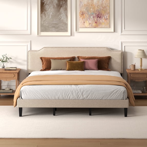 Pingliang Home King Size Bed Frame with Adjustable Headboard, Rivet Decoration Upholstered Headboard, Easy to Assemble, Noise Free,Beige