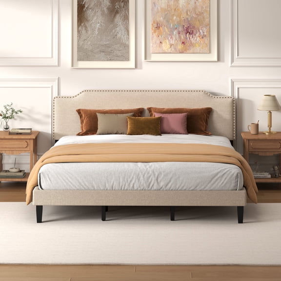 Pingliang Home King Size Bed Frame with Adjustable Headboard, Rivet Decoration Upholstered Headboard, Easy to Assemble, Noise Free,Beige