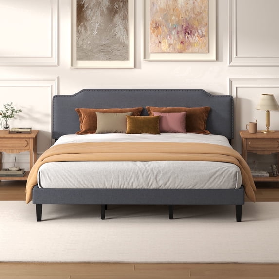 Pingliang Home King Size Bed Frame with Adjustable Headboard, Rivet Decoration Upholstered Headboard, Easy to Assemble, Noise Free,Dark Gray