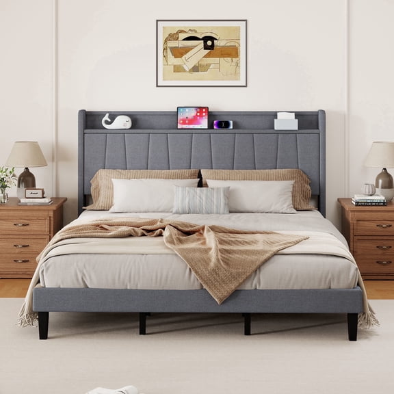Pingliang Home King Size Bed Frame with Storage Shelf and Upholstered Headboard, Easy to Assemble, Noise Free,Dark Gray