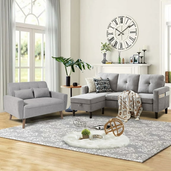 Pingliang Home Furniture Set,Convertible Sectional Sofa Couch with Storage Ottoman and Loveseat, Modern L Shaped 3 Seat Couch Sofa with Side Storage Pockets for Living Room Apartment Office Studio