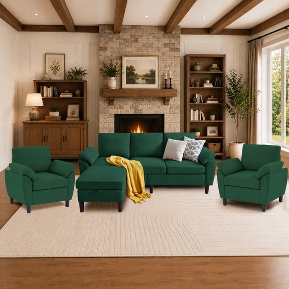 Pingliang Home Living Room Furniture Set, Convertible Sofa with Storage Ottoman and 2 Pieces Accent Chair,3 Seat L Shaped Couch and Armchair Set for Living Room,Office,Apartment