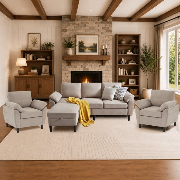 Pingliang Home Living Room Furniture Set, Convertible Sofa with Storage Ottoman and 2 Pieces Accent Chair,3 Seat L Shaped Couch and Armchair Set for Living Room,Office,Apartment