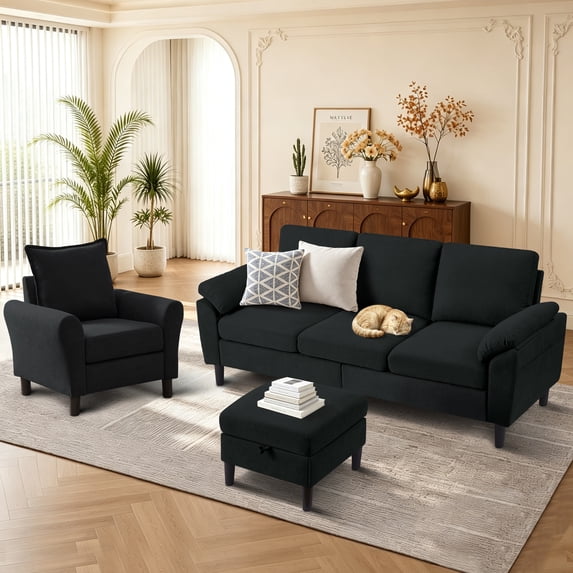 Pingliang Home Living Room Furniture Set,Sectional Sofa and Accent Chair,3 Seat L Shaped Couch with Reversible Storage Ottoman and Armchair, for Living Room Office Apartment Studio
