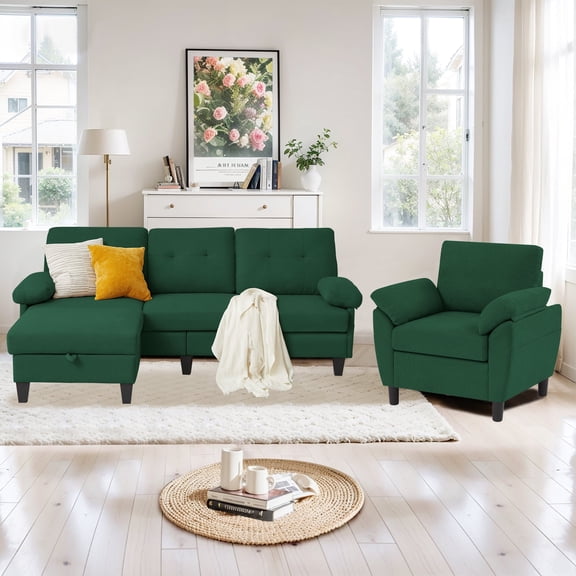 Pingliang Home Living Room Furniture Set,Sectional Sofa Couch with Storage Ottoman and Accent Chair for Home Apartment Office,3 Seater L Shaped Couch Modern Linen Sofa Set with Side Storage Pockets