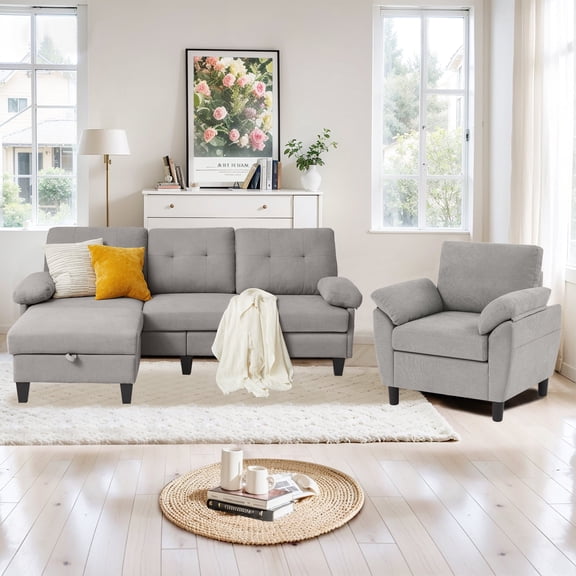 Pingliang Home Living Room Furniture Set,Sectional Sofa Couch with Storage Ottoman and Accent Chair for Home Apartment Office,3 Seater L Shaped Couch Modern Linen Sofa Set with Side Storage Pockets