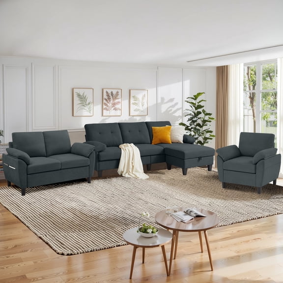 Pingliang Home Living Room Furniture Set,Sectional Sofa Couch with Storage Ottoman and Accent Chair and Loveseat,L Shaped Couch Modern Linen Sofa 6 Seater Set with Side Storage Pockets