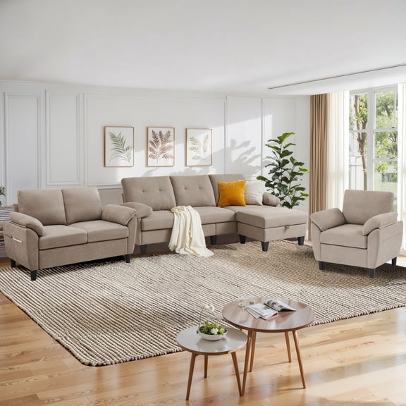 Pingliang Home Living Room Furniture Set,Sectional Sofa Couch with Storage Ottoman and Accent Chair and Loveseat,L Shaped Couch Modern Linen Sofa 6 Seater Set with Side Storage Pockets