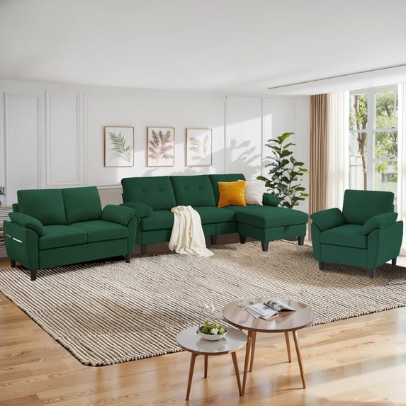 Pingliang Home Living Room Furniture Set,Sectional Sofa Couch with Storage Ottoman and Accent Chair and Loveseat,L Shaped Couch Modern Linen Sofa 6 Seater Set with Side Storage Pockets