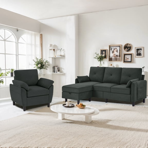 Pingliang Home Living Room Furniture Set, Sectional Sofa Couch with Storage Ottoman and Accent Chair, Modern 3 Seater L Shaped Couch Sofa and Single Armchair,for Living Room,Apartment,Studio,Office