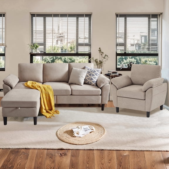 Pingliang Home Living Room Furniture Set, Sectional Sofa Couch with Storage Ottoman and Accent Chair,Modern Linen 3 Seater Small L Shaped Couch with Single Chair for Living Room, Office, Apartment
