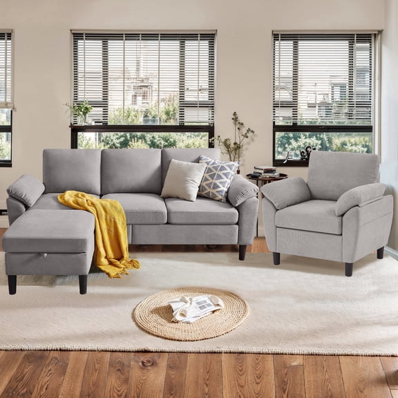 Pingliang Home Living Room Furniture Set, Sectional Sofa Couch with Storage Ottoman and Accent Chair,Modern Linen 3 Seater Small L Shaped Couch with Single Chair for Living Room, Office, Apartment